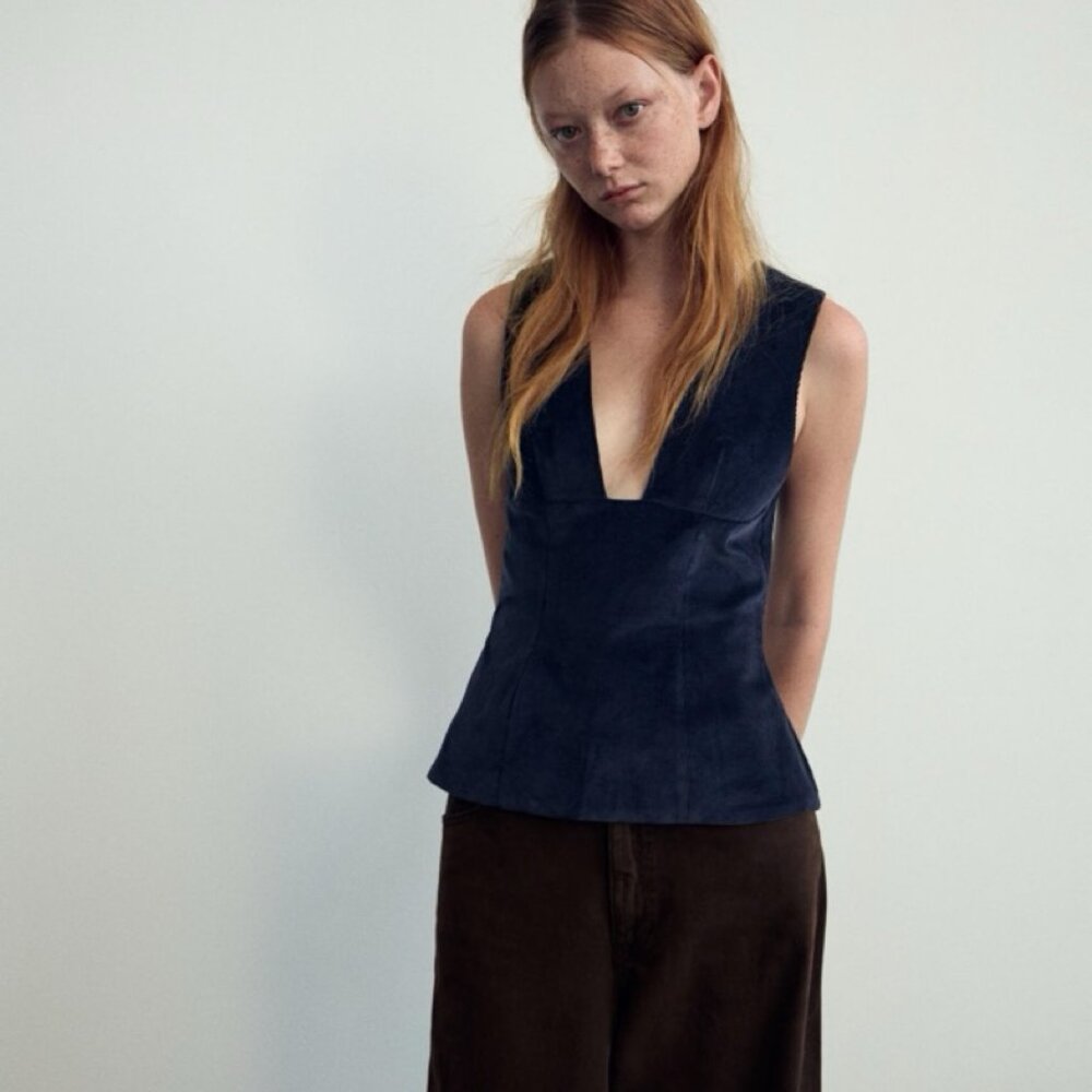 Zara Navy Corduroy Top